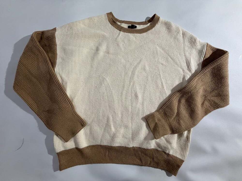 Express Sweater Womens S Cream Brown Colorblock Crewneck Knit